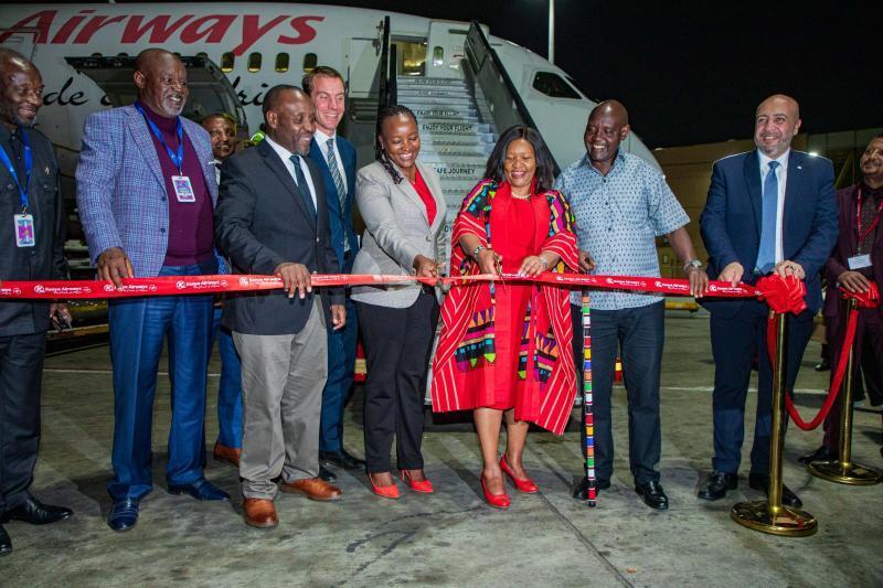 Tourism CS Rebecca Miano, KAA Chairman Caleb Kositany, KQ CEO Allan Kivaluka and British Deputy High Commissioner Ed Barnett.